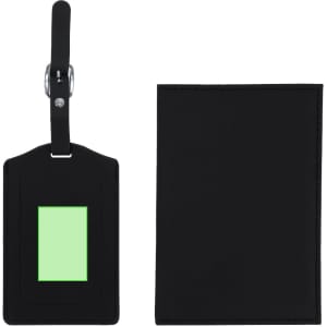 A black luggage tag with a green identification window and a matching wallet. Both items feature a sleek design.