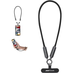 A black charging cable with a holder, featuring a loop design and attached connectors for devices. Includes a logo.
