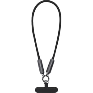 A black charging cable holder with two grey grips and a circular attachment for securing devices.