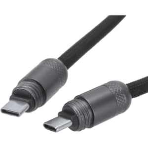 A black charging cable featuring durable connector ends and a braided design. It includes a logo on the surface.