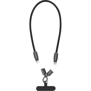 A black charging cable holder with two connectors and a keychain attachment. Features a sleek, flexible design.