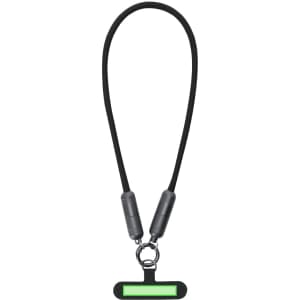 A black charging cable holder with a green accent and a clip attachment. It features a compact design for convenience.
