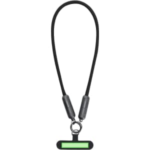 A black charging cable holder with a green accent, featuring a circular clip at one end.