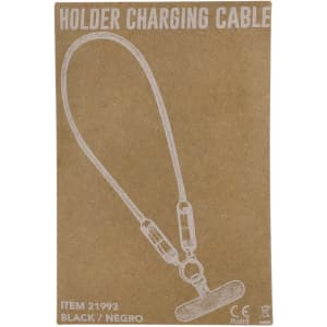 A black charging cable with a holder, mounted on a brown cardboard backing, featuring a simple design.