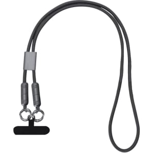 A grey charging cable with dual connectors and a looped holder, designed for convenient charging and storage.