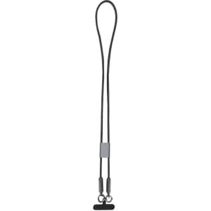 A black charging cable with a loop design, featuring connectors at both ends and a small logo.