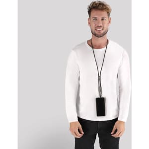 A man in a white long-sleeve shirt wears a black phone holder around his neck. The holder includes a charging cable.