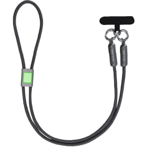 A black charging cable holder with loops at both ends and a rectangular centre piece, featuring a logo.