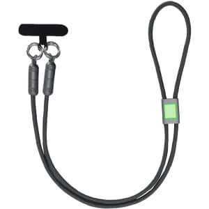A black charging cable with dual connectors and a green square detail, featuring a looped design and a branding logo.