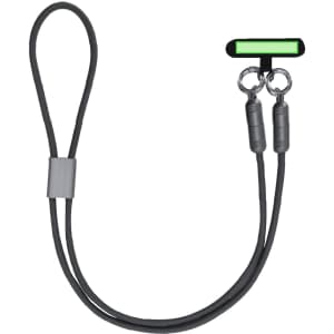 A black charging cable with two connectors and a looped handle; features a small green branding area.