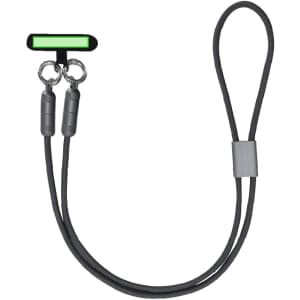 A black charging cable with two connectors and a looped end, featuring a small logo.
