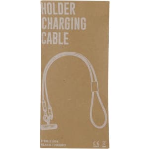 A packaging for a black charging cable, featuring a holder design and a logo, displayed on a brown background.