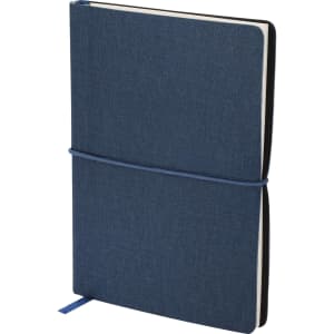 A dark blue notepad with a textured cover, featuring an elastic band closure and a ribbon bookmark.