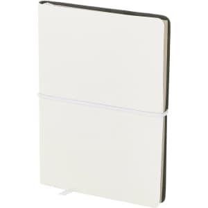 A cream notepad with a black spine, secured with a white elastic band, featuring a logo on the cover.