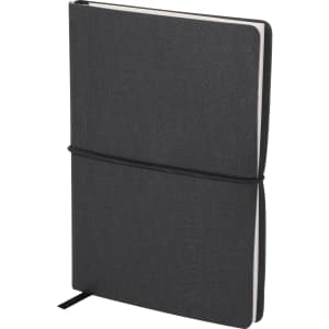 A black notepad with a textured cover, secured with an elastic band and featuring a ribbon bookmark.