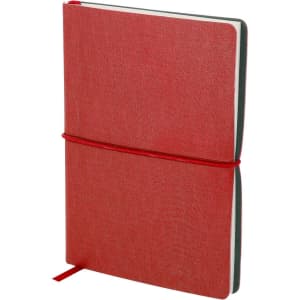 A red notepad with a textured cover, secured with a matching elastic band. Features a bookmark ribbon.