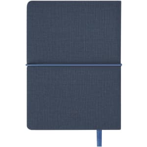 A navy blue notepad with a textured cover and an elastic band closure. It features a logo on the front.