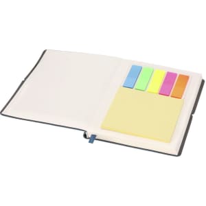 A notepad with a dark cover, featuring sticky notes in vibrant colours and a slot for additional notes.