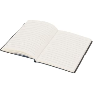 A black Vierax Notepad with lined pages, open to reveal its blank, cream-coloured sheets.