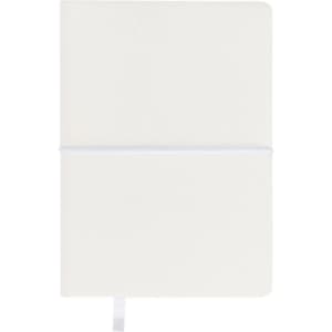 A white notepad with a flexible cover and an elastic band. It features a ribbon bookmark and includes a logo.