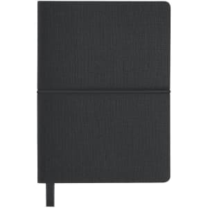 A black notepad with a textured cover, featuring an elastic band closure and a ribbon bookmark.