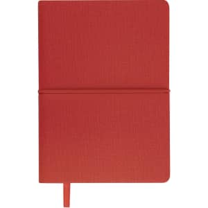 A red notepad with a textured cover, featuring an elastic band and a ribbon bookmark. It has a logo on the cover.