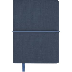 A dark blue notepad with a textured cover and an elastic closure, featuring a ribbon bookmark and a logo.