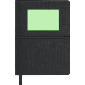 A black notepad featuring a green insert and a ribbon bookmark. It has a logo on the cover.