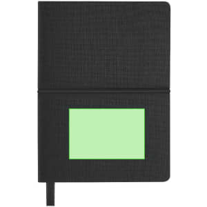 A black notepad with a textured cover, featuring a green placeholder area and an elastic band closure.