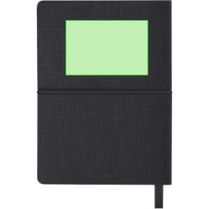 A black notepad with a textured cover and a green section on the front, featuring an elastic band and ribbon marker.