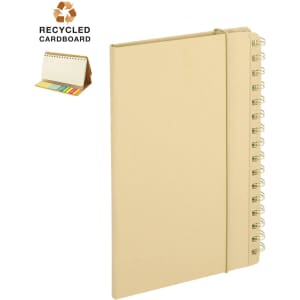 A cream-coloured Gambel Planner Notebook with a spiral binding and a logo, made from recycled cardboard.