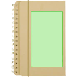 A tan spiral-bound notebook with a green blank panel on the front and an elastic band. It has a logo on the cover.
