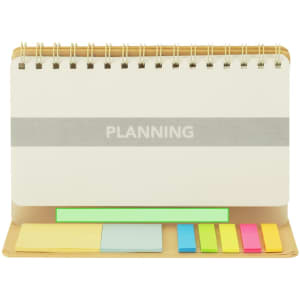 A spiral-bound notebook with a beige cover, featuring a planning section and assorted sticky notes in pastel and bright colours.