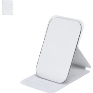 A white mirror with a sleek design, featuring a stand for stability and a minimalistic look.