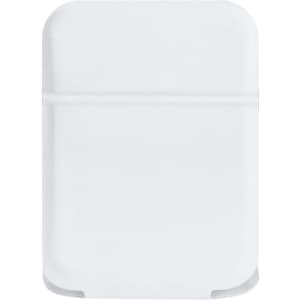 A white mirror with a sleek, minimal design, featuring a simple logo on the surface.