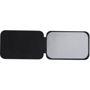 A compact black mirror with a foldable design and an inner pocket for storage.