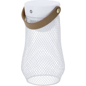 A white lamp with a mesh design and a brown handle. It features a power button on the top.