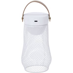 A white wire mesh lamp with a brown handle, featuring a sleek, modern design and a minimalistic look.