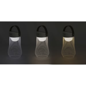 A lamp with a mesh design and a handle, featuring three lighting colours: white, warm white, and yellow.
