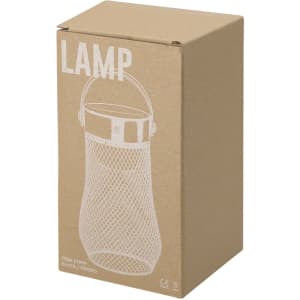 A black wire mesh lamp in a cardboard box featuring a handle. The packaging is plain brown with a white outline design.