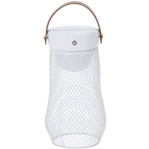 A white mesh lamp with a round top and a leather handle, featuring a power button on the top.