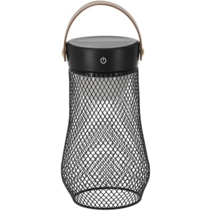 A black mesh lantern with a wooden handle and a power button on the top. Suitable for home décor.