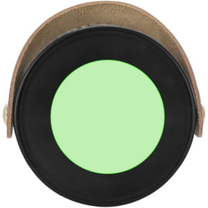 A round lamp with a black base and a green light glowing in the centre, encased in a leather strap.