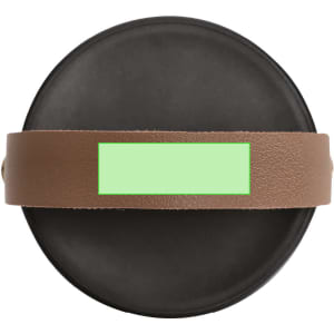 A black lamp with a brown leather strap and a rectangular area for branding or customization.