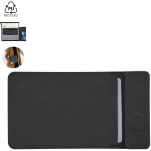 A black multifunction laptop pouch featuring a pocket and a logo, suitable for carrying devices and accessories.