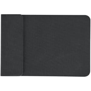 A dark grey laptop pouch with a sleek design and a flap closure. It features a logo label on one side.