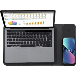 A black multifunction laptop pouch with a laptop and a smartphone positioned on it, featuring a sleek design and workspace layout.