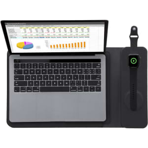 A laptop with a black multifunction pouch, featuring a smartwatch on the side, displaying a spreadsheet on the screen.