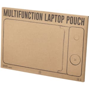 A brown cardboard package containing a multifunction laptop pouch, featuring a round button and a logo.
