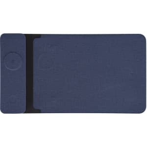 A navy blue multifunction laptop pouch with a textured surface and a section for accessories. It features a logo.